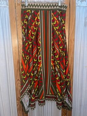 Ashley Stewart Olive Maxi Skirt with Red & Yellow Geometric Print